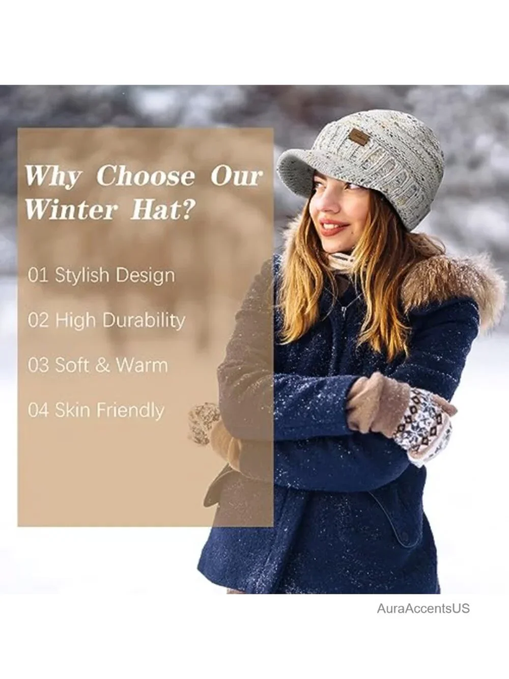 Women's Winter Knit Beanie Hat with Visor, 100% Acrylic